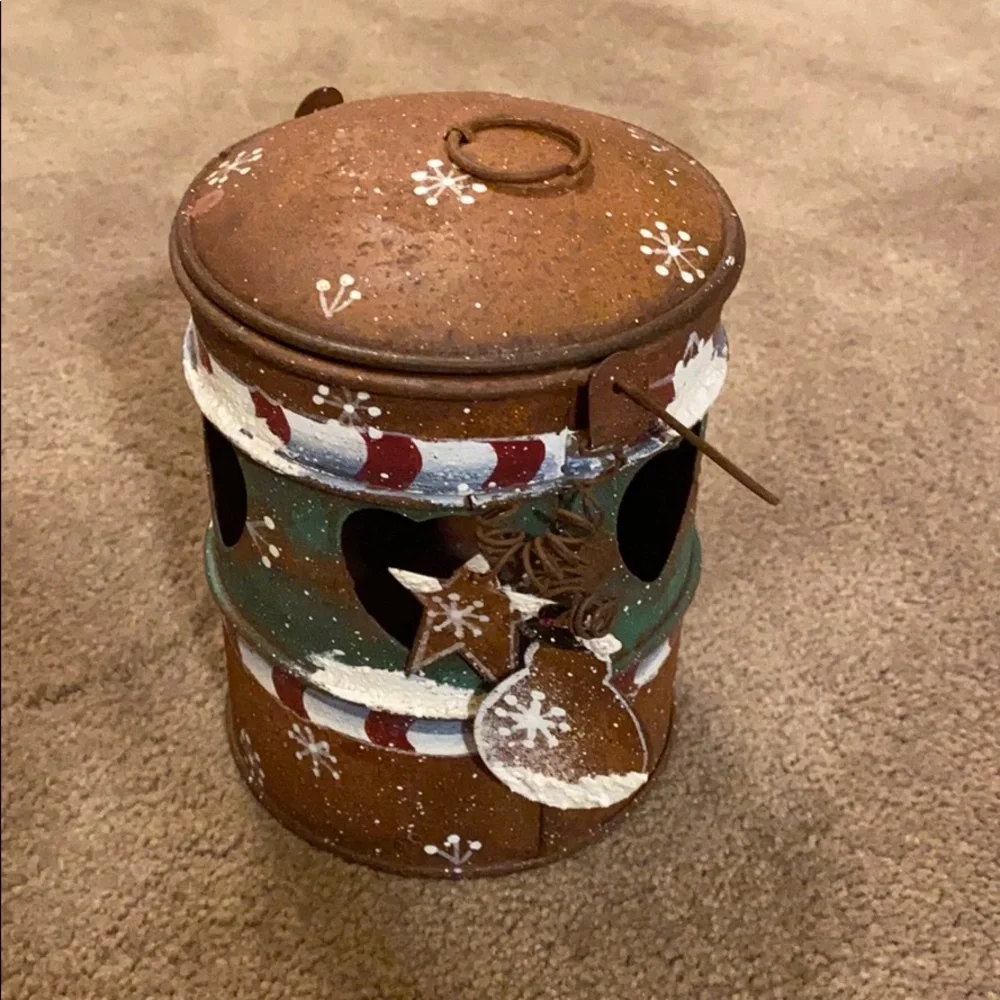 Holiday/Winter Candle Holder - Rustic winter themed tin candle holder